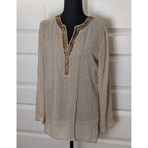 NWOT Chico's Beaded Top Blouse Size S Beige Brown Geometric Chiffon Tunic